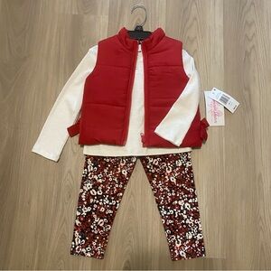 Bonnie Jean Red Puffer Vest w/ Floral Leggings White Shirt 3pc Set NWT Size 3T